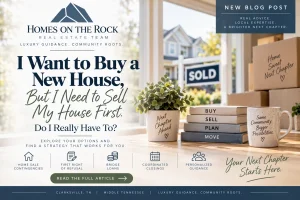 Homes on the Rock graphic about buying a new house before selling your current home, highlighting home sale contingencies, first right of refusal, bridge loans, and coordinated closings.