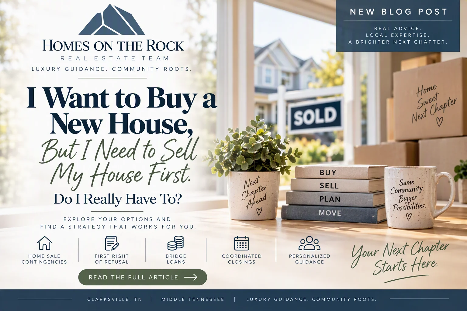 Homes on the Rock graphic about buying a new house before selling your current home, highlighting home sale contingencies, first right of refusal, bridge loans, and coordinated closings.