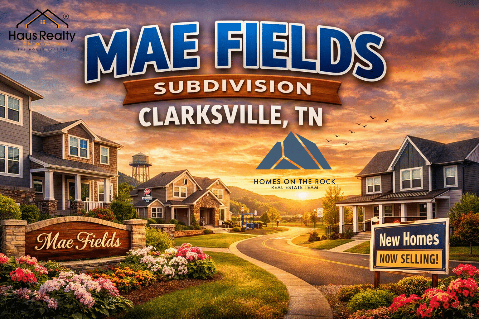 Mae Fields Subdivision in Clarksville, Tennessee, featuring newly built homes with landscaped lawns, a wooden entrance sign, and a ‘New Homes Now Selling’ banner under a warm sunset sky. The image highlights modern architecture and community appeal in Middle Tennessee.