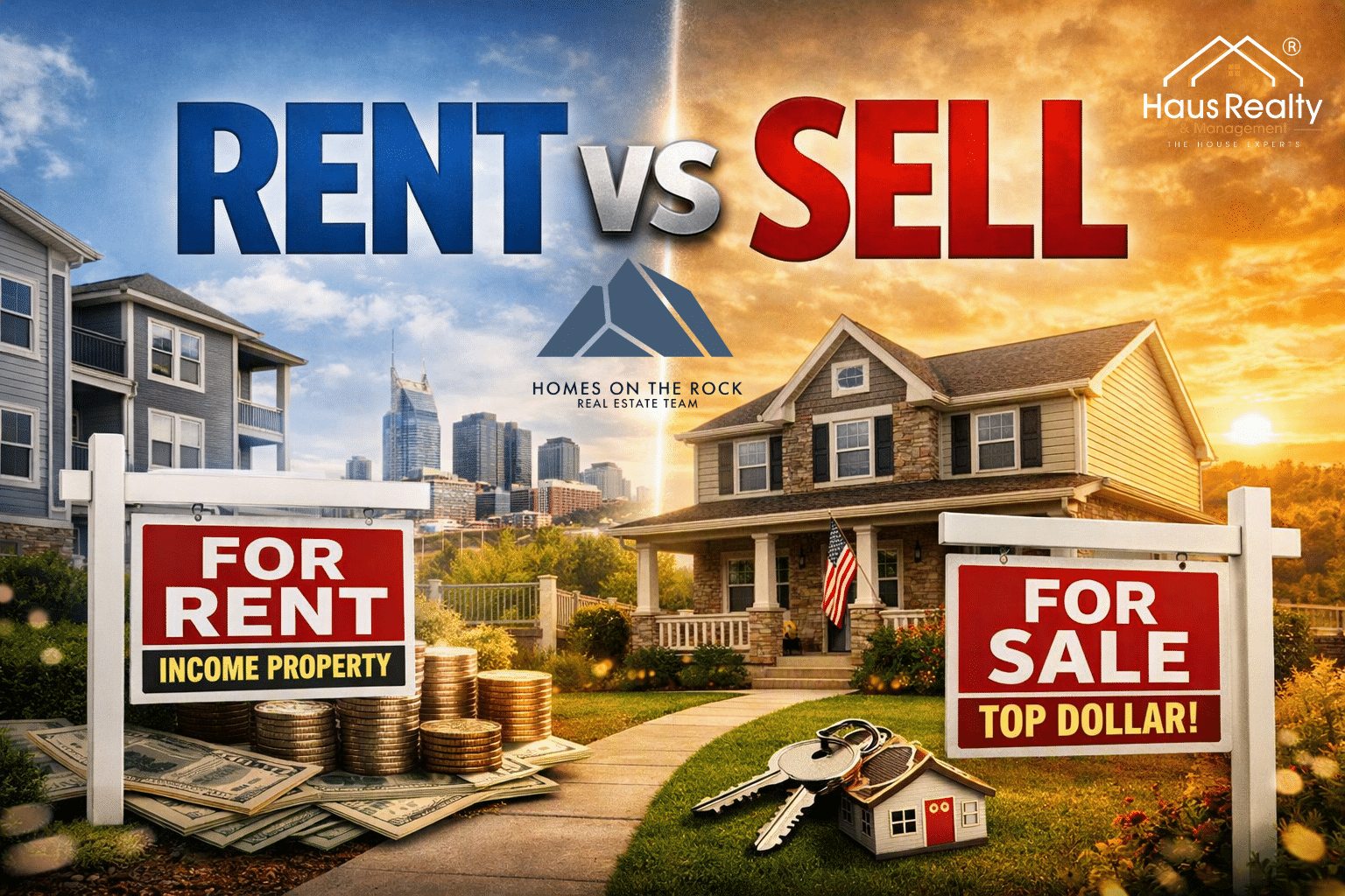 Split image comparing renting out versus selling a home in Middle Tennessee — left side shows a Clarksville‑style suburban house with a ‘For Rent’ sign and coin stacks, right side shows a Nashville‑area home with a ‘For Sale’ sign, house keys, and a warm sunset, under the headline ‘Rent vs Sell.
