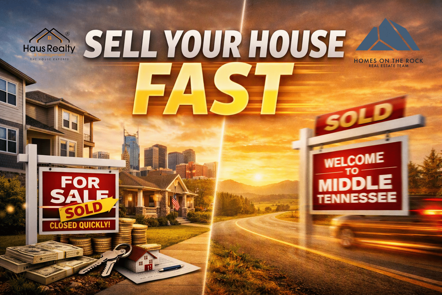 Dynamic real estate image showing a Clarksville‑style suburban home with a ‘For Sale’ sign marked ‘Sold,’ Nashville skyline in the background, and a ‘Welcome to Middle Tennessee’ road sign under a golden sunset. The text ‘Sell Your House Fast’ appears boldly across the center, symbolizing quick home sales in Middle Tennessee.