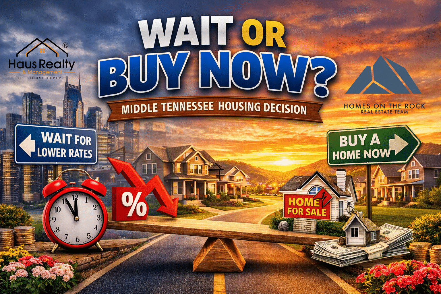 Middle Tennessee housing market concept showing a choice between waiting for lower interest rates or buying a home now. The image features a balanced scale with a house and keys on one side and a percentage symbol on the other, set against a backdrop of Nashville skyline and suburban homes at sunset